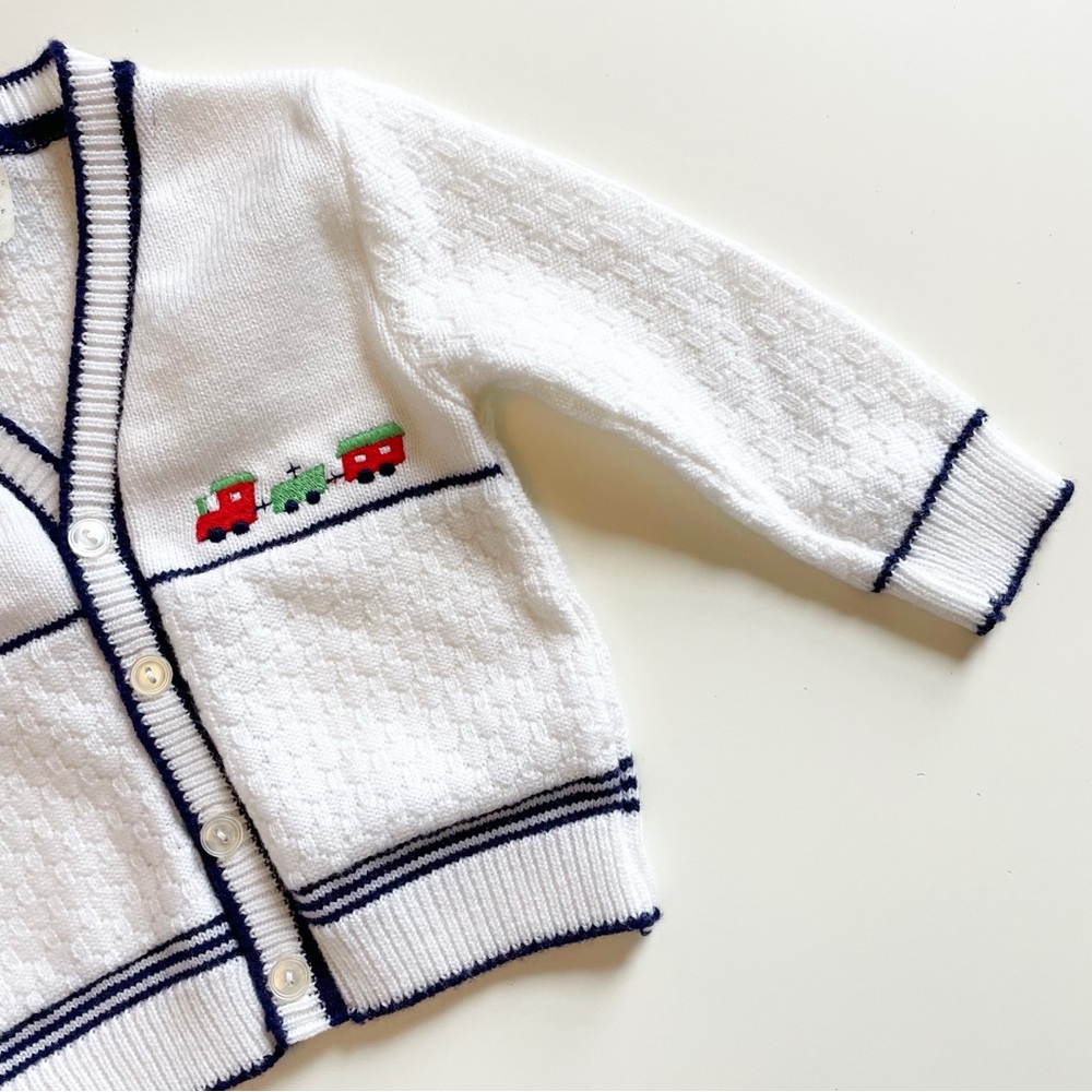 Vintage Train White & Navy Cardigan Sweater | 6-9m